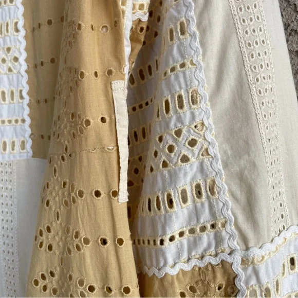 SEZANE Beige Cream Patchwork Eyelet Button Down Midi Dress Matissa Shirt Dress
